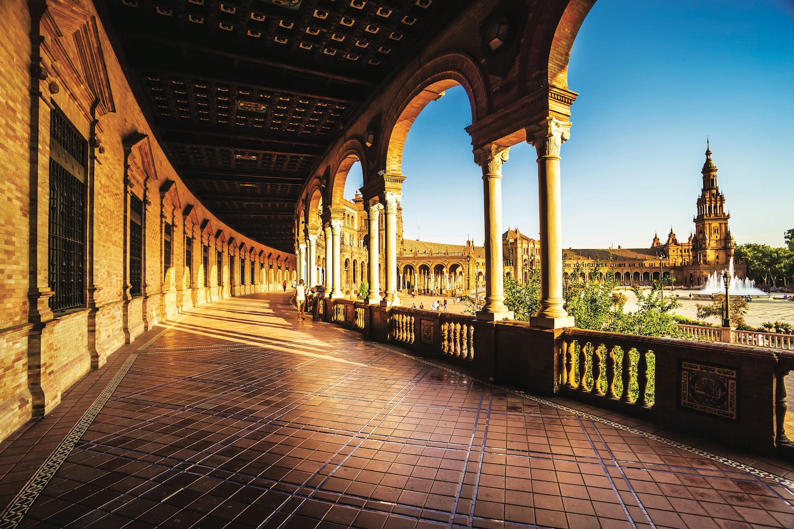 Spanish Square (Plaza de Espana) in Sevilla at sunset, Spain.