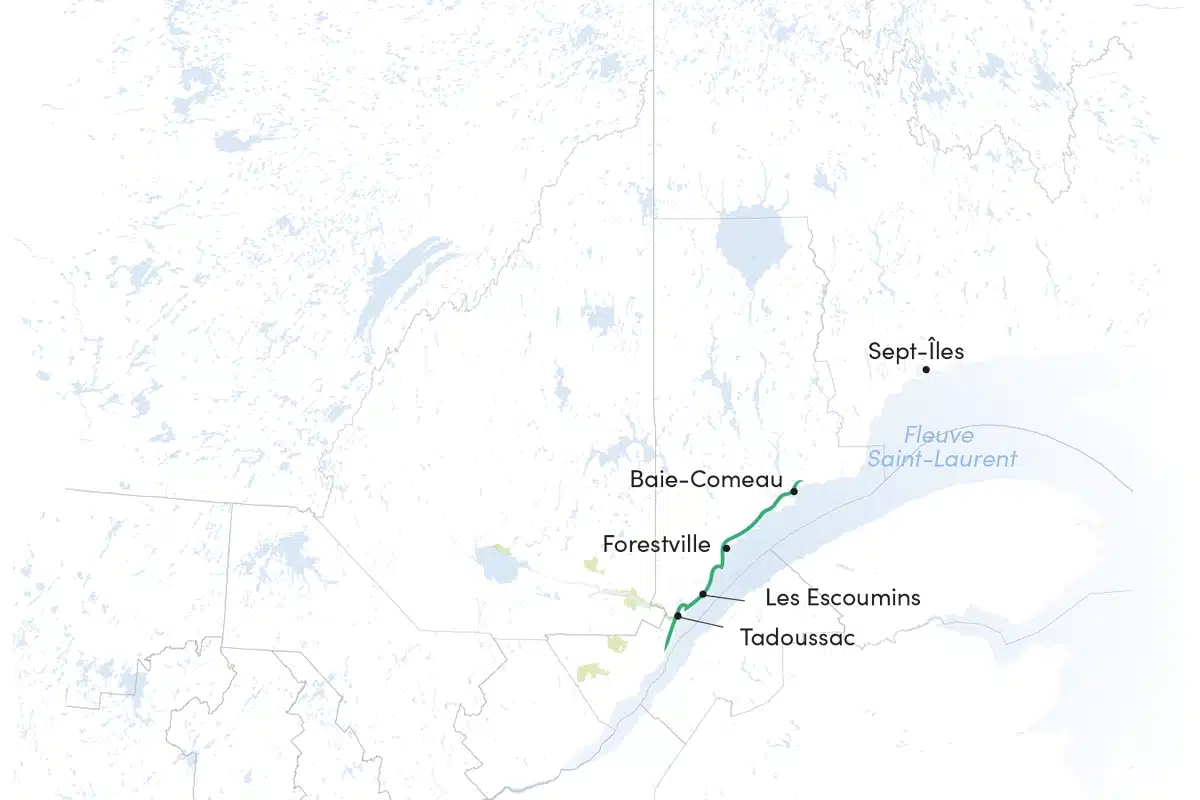 Carte de la Route verte, sur la Côte-Nord