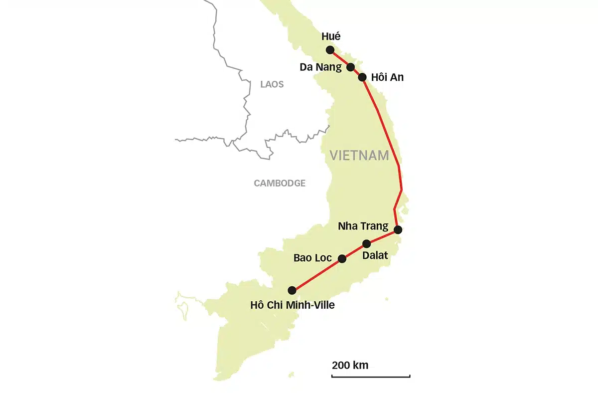 Parcours illustré sur une carte du Sud-Vietnam